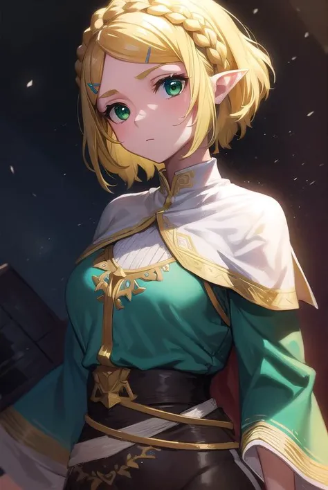 princesszelda, <lyco:princesszelda-lyco-nochekaiser:1>,
princess zelda, blonde hair, (green eyes:1.5), pointy ears, hair ornament, hairclip, parted bangs, short hair, crown braid,
BREAK braid, capelet,  long sleeves, dress, blue dress, pants, black pants,
...