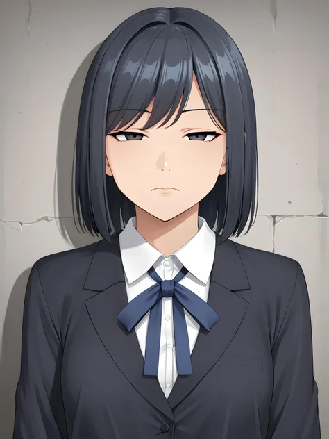 anime girl with black hair and blue tie standing in front of a wall