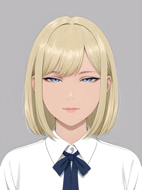 anime girl with blonde hair and blue eyes wearing a white shirt