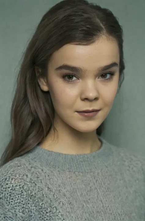 Portrait Photo a portrait of a woman ha1leeste1nfeld wearing a long gray sweater, (long hair), soft bright light, film grain, soft smile, hyperdetailed photography, by Elizabeth Polunin, brooklyn, looking straight to camera, sweaty, olya bossak, nepal, ver...