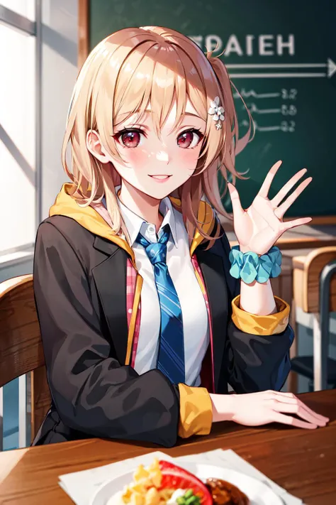 masterpiece, best quality, highres, 1girl, ray1, solo, hood_jacket, blue necktie, wrist scrunchie, black jacket, school uniform, long sleeves, plaid skirt, polka_dot jacket, <lora:akira_ray_v10:0.6>, sitting, restaurant, table,  smile, waving,