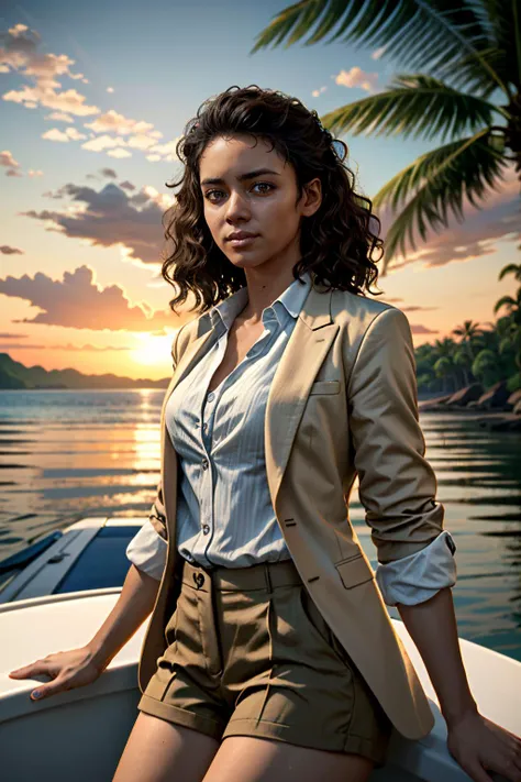 ((ultra detailed, masterpiece, absurdres))
 <lora:UncNadine:0.9>
UncNadine, 1girl, solo, very dark skin, wavy hair, brown hair, brown eyes, Sailboat anchored in a tranquil tropical bay, dynamic sunset , Pinstripe blazer, white blouse, tailored shorts, mule...