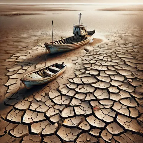 there are two boats that are sitting on the dry ground