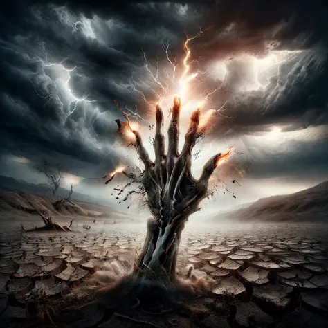 breathtaking <lora:Parched_SDXL>,ais-prchd,One of many bone hands in the centre. Burning the tip of a finger sending a bolt of lightning into the sky they will never reach causing an eclipse of burning red light. A wasteland of (black sand) where the hands...