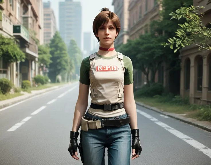 score_9, score_8_up, score_7_up, rebecca-chambers, resident evil, 1girl, solo, gloves, fingerless gloves, outdoors, building, pa...