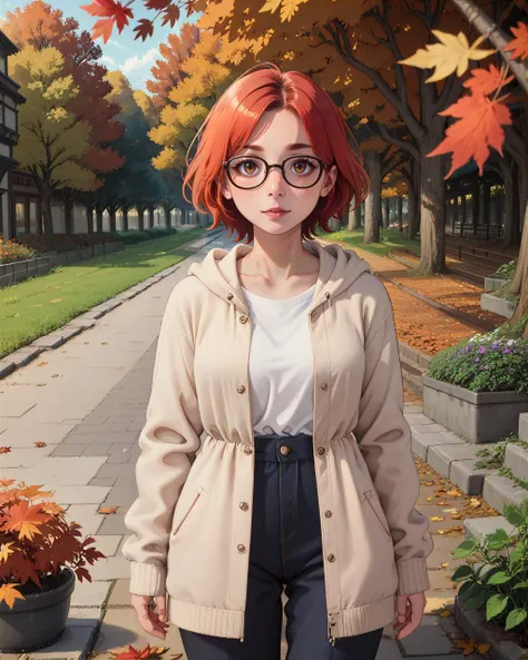 score_9, score_8_up, score_7_up, woman, standing, garden background, light red hair, ombre hair, glasses, autumn leaves <lora:FlatAnimePony:0.8>