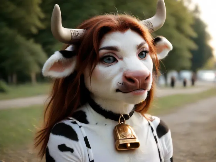 there is a cow with horns and bells on its head