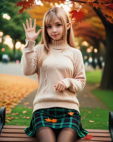 score_9,score_8_up,score_7_up, photo of elf woman, cute, waving, looking at viewer, bokeh, autumn leaves, park bench, checkered skirt, pantyhose, sweater