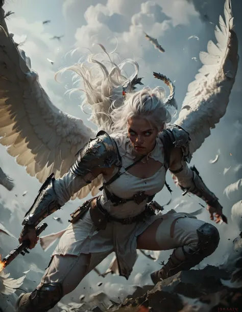 a woman with white hair and wings flying over a city