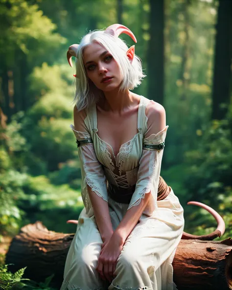 score_9, score_8_up, score_7_up, woman, tiefling, medium hair, white hair, fantasy clothes, sitting on log, head tilt, forest