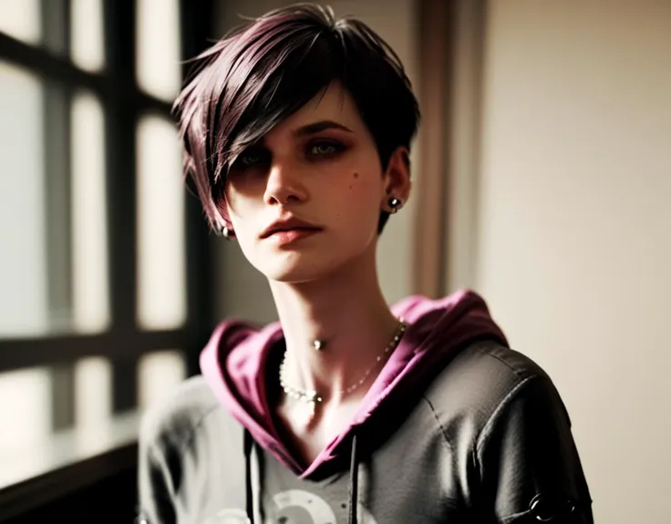 score_9, score_8_up, score_7_up, moira-burton, resident evil, solo, black hair, 1girl, earrings, jewelry, hood, short hair, hair...