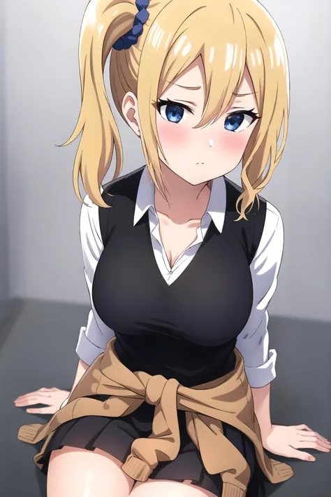 masterpiece, best quality, AiHayasakaV4, kaguya-sama wa kokurasetai ~tensai-tachi no renai zunousen~, hayasaka ai, 1girl, black skirt, black sweater vest, blonde hair, blue eyes, blue scrunchie, blush, breasts, brown sweater, cleavage, clothes around waist...