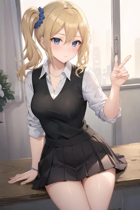 masterpiece, best quality, AiHayasakaV4, kaguya-sama wa kokurasetai ~tensai-tachi no renai zunousen~, hayasaka ai, 1girl, black skirt, black sweater vest, blonde hair, blue eyes, blue scrunchie, blush, breasts, brown sweater, cleavage, clothes around waist...