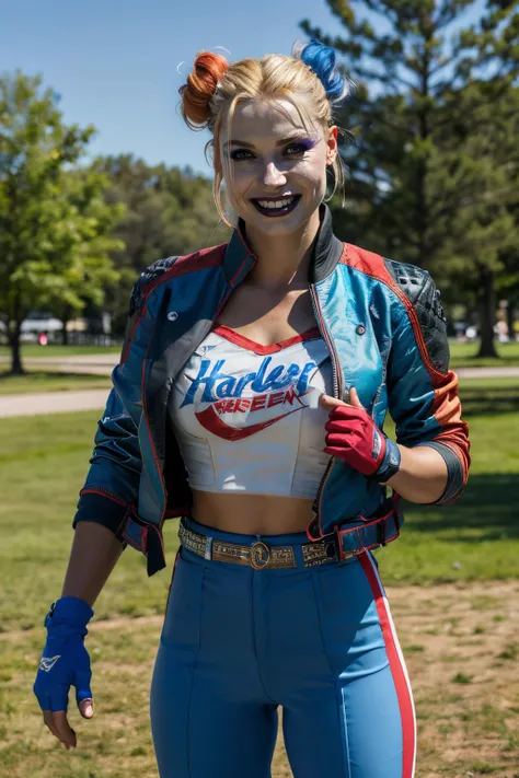 harley, blonde hair, pale skin, multicolored hair, double bun, blue eyes,makeup, white shirt, cropped jacket, belt, fingerless gloves,red pants, looking at viewer, smiling, standing, medium shot, outside, park, field, trees, winter, blue sky, high quality,...