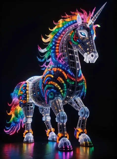 A robotic unicorn with rainbow ral-ledlights, dark outerspace background <lora:ral-ledlights-sdxl:1>