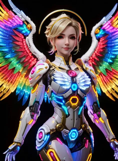 photo of Mercy from overwatch, mechanical wings and halo made with rainbow led lights, dark background, ral-ledlights <lora:ral-ledlights-sdxl:1>