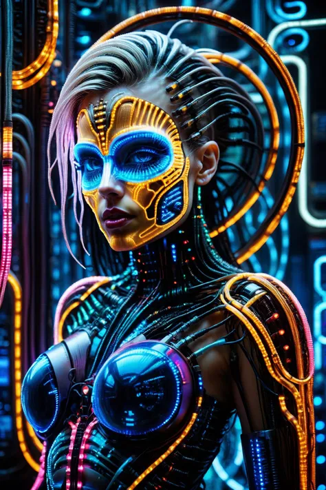 cyberpunk girl, cyberpunk cityscape, by aaron horkey, by H.R. Giger, cables, tubes, lights, displays, screens, 80s inspired,retro futurism, neon colors  <lora:ral-ledlights:1> ral-ledlights, <lora:EnvyBetterHiresFixXL01:1>, masterpiece, best quality, ultra...