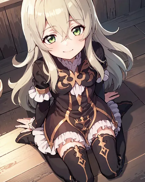 highres,ultra detailed,1girl,<lora:elise_V2:0.7>,elise,long hair,blonde hair,hair between eyes,green eyes,dress,frills,knee boots, ,smile,wariza,from above,