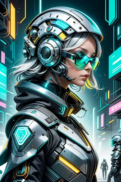 (Groundbreaking Digital Artwork:1.3) of (Detailed illustration:1.3) of ((Thought Augmenter, A visionary with a neural interface helmet and augmented reality glasses. The color palette includes futuristic silvers, teals, and neon glows, embodying a sense of...