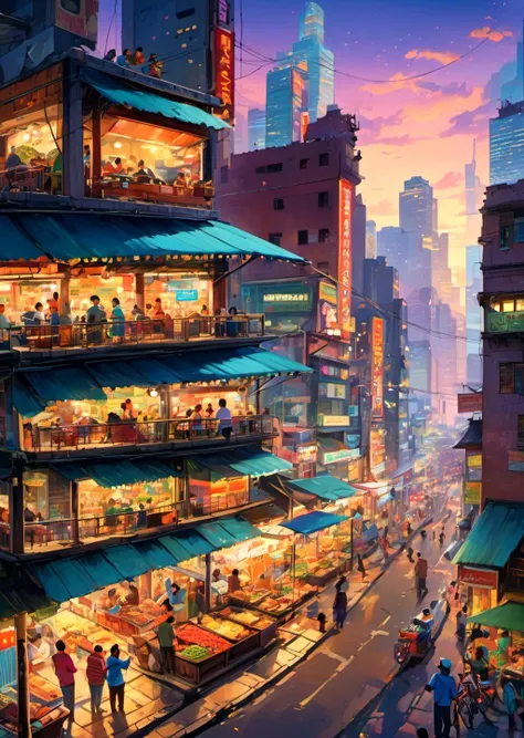 absurdres, highres, ultra detailed, Picture of a bustling city at twilight, with towering skyscrapers aglow with neon lights. The streets are filled with people hurrying in every direction, while cars honk their horns amidst the thick traffic. Colorful str...