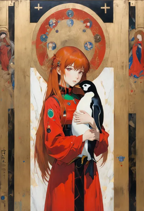 (bichu,orthodox painting,red long hair, Asuka Langley (Neon genesis evangelion), wearing red latex jumpsuit, (holding the penguin on her hands),saint pose,beauty detailed face,halo,relief expression,((oil painting by Simone Martini and Gustav Klimt,gothic ...