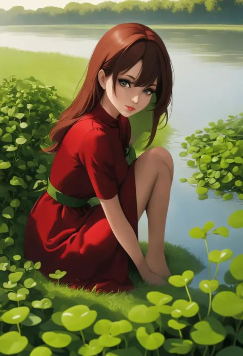 1girl, beautiful woman, beautiful face, dark red dress, she is sitting on grass near water river and Watercress