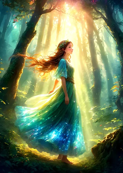 absurdres, highres, ultra detailed, Picture of a lush forest clearing, vibrant colors, dreamy atmosphere, magical theme, fantasy style, a lone female protagonist, flowing dress, ethereal glow, rays of sunlight, misty background, hidden creatures, fairytale...