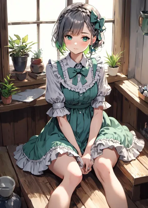 (1girl:0.5)(apron:0.5)(back_bow:1.2)(blue_dress:1.1)(blue_eyes:0.5)(bow:0.8)(bowtie:1.2)(braid:1.1)(buttons:0.7)(closed_mouth:0.5)(collared_shirt:1.1)(dress:0.5)(feet_out_of_frame:0.5)(frills:1.1)(green_bow:0.2)(green_bowtie:1)(grey_apron:0.6)(grey_bow:1)(...