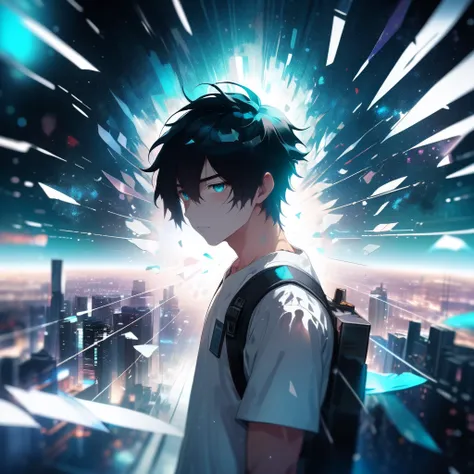 A cinematic photo of a 25 year old Japanese male, Inside space ship, Broken fabric reality in background revealing a simulation background of a city, Floating glass shards, white t shirt, white pants, black hair, blood on face, (Bokeh:1.2), Sci fi, Blurred...