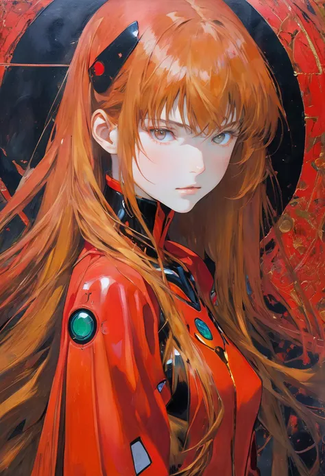 (bichu,orthodox painting, Asuka Langley (Neon genesis evangelion), red long hair,wearing red latex jumpsuit, saint pose,beauty detailed face,halo,relief expression,((oil painting by Simone Martini and Gustav Klimt,gothic art, sienese school))