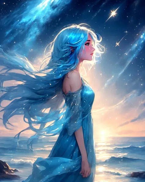 ethereal fantasy concept art of 1girl,gorgeous,delicate,blue hair,wearing light blue dress,barefoot,looking up into sky,standing in sea,perfect face,beautiful eyes,sky is galaxy and stars,twilight,shooting meteorites,longing, . magnificent, celestial, ethe...