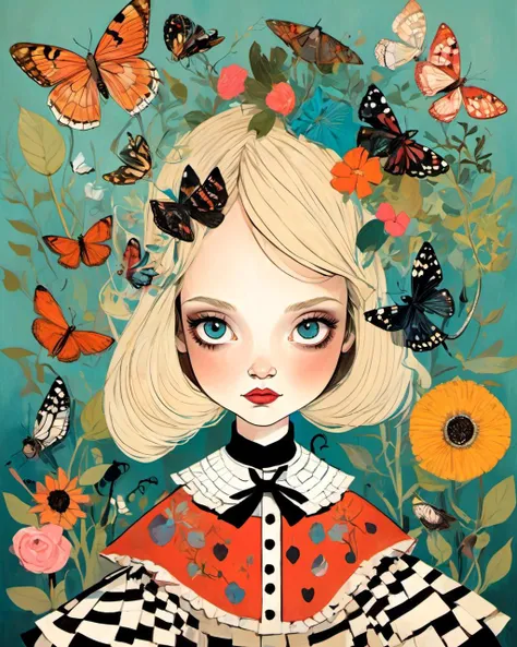 (1girl:1.3),  
alice in wonderland 
(art by Amy Earles	)
   absurdres, highres, ultra detailed,   bold contrasts,  flat colors,  modern aesthetic