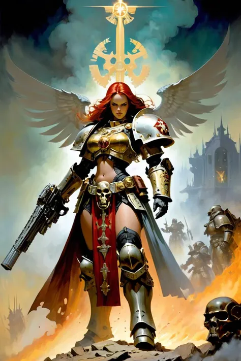 (Imaginary Painting:1.3) of (Graphic novel:1.3) of (Warhammer 40k:1.3), Sisters of Battle Canoness,  Power armor emblazoned with ecclesiastical symbols, armed with a blessed chainsword and an inferno pistol, (art by Simon Bisley:1.5) and (art by Frank Fraz...