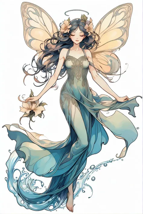 a slim delicate faerie flying over a large flower. wearing a demure flower dress. from above. art nouveau. <lora:GoodHands-vanilla:1.4> (in water color style:1.5), (ink lineart:1.9)