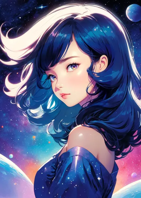 poster of 1girl,
cleavage
complex background
sci-fi
outer space
 gradient color, shadow
detailed
(art by Chiho Aoshima)