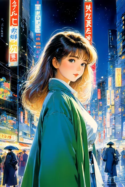 1girl , kawaii, 
shirt, coat 1980s japan night city 
(art by  Noriyoshi Ohrai	)