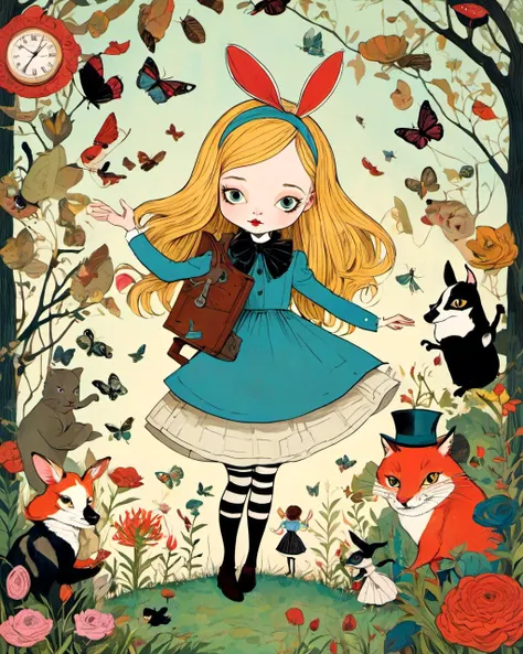 (1girl:1.3),  
alice in wonderland 
(art by Amy Earles	)
   absurdres, highres, ultra detailed,   bold contrasts,  flat colors,  modern aesthetic