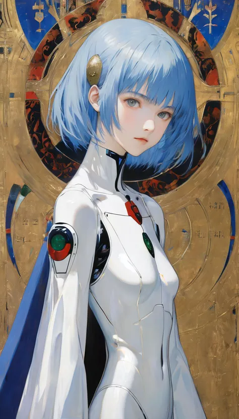 (orthodox painting, white latex jumpsuit clothing,blue short hair, Rei Ayanami (Neon genesis evangelion), saint,sacred painting,showing two fingers, beauty detailed face,relief expression,((painting by Simone Martini and gustav klimt,gothic art, sienese sc...