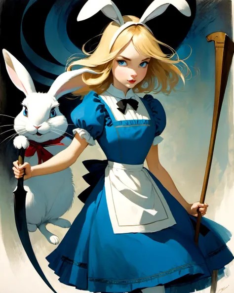 1  young woman, 
alice in wonderland , blonde
blue dress,white apron , stocking
battle stance, scythe, gothic,  rabbit
(masterpiece, best quality, art by Bill Carman)