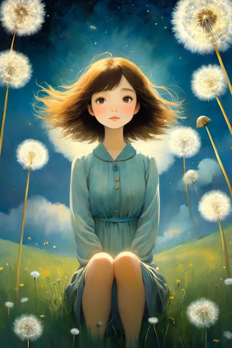 poster of 1  young woman,  kawaii,  floating in the sky ,  sit on a Dandelion, crossed leg, 
perspective, wide angle, 
 (masterpiece, best quality, art by  Catherine Hyde)