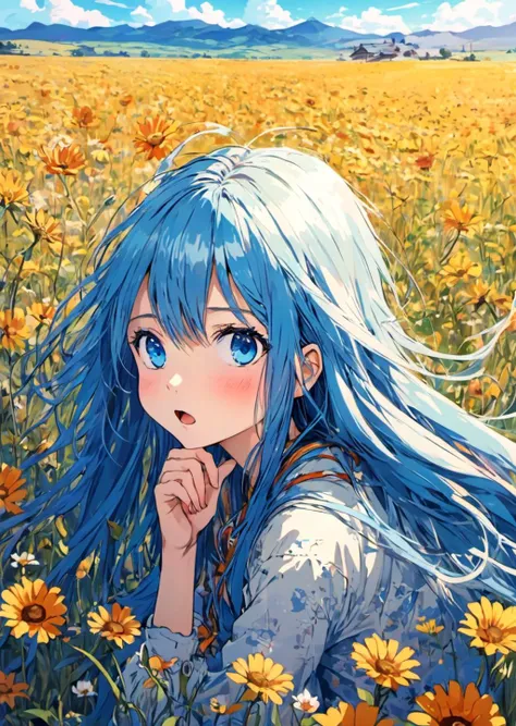 (1girl:0.8)(blue_eyes:1)(blue_hair:0.5)(long_hair:1)(mole:0.1)(mole_under_mouth:0.3)(pillow:0.6)(shorts:1.1)(sitting:1.1)(surprised:0.3) BREAK  graphic design BREAK  background of a flowers fields landscape, a flowers fields landscape environment, anime st...