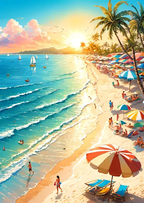 absurdres, highres, ultra detailed, sunny beach, colorful umbrellas, joyful children, seagulls soaring, sandy footprints, turquoise waves, palm trees swaying, ice cream carts, laughter in the air, beach volleyball, sailboats in the distance, sunbathers lou...