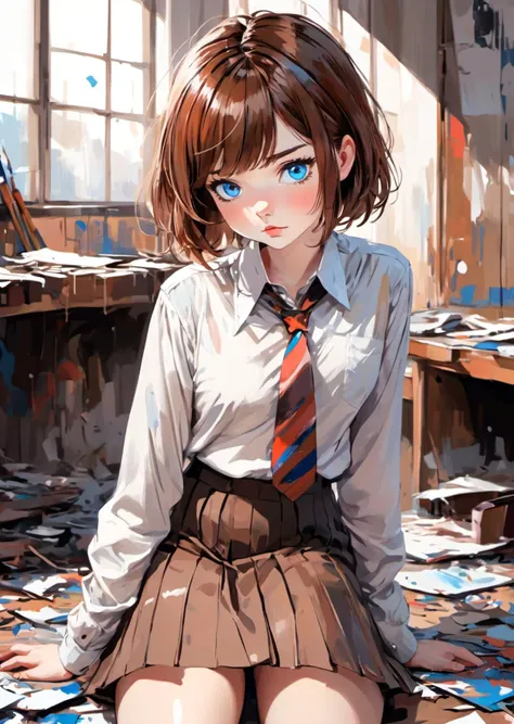 (1girl:0.5)(black_socks:0.2)(blue_eyes:1)(blush:0.9)(brown_hair:1.2)(collared_shirt:0.5)(kneehighs:0.6)(necktie:0.4)(parted_lips:0.3)(red_necktie:0.3)(shirt:0.3)(short_hair:1)(skirt:0.3)(socks:1.2)(solo:0.6)(swept_bangs:0.8)(white_shirt:1), expressive brus...