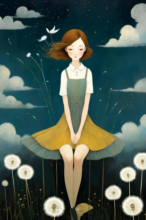 poster of 1  young woman,   floating in the sky ,  sit on a Dandelion, crossed leg, 
 (masterpiece, best quality, art by Amy Earles  Catherine Hyde)