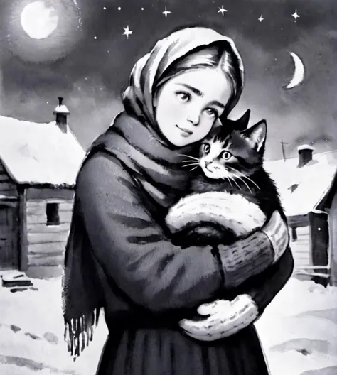 1900-s happy village girl hugs a kitten in a scarf and mittens, moon background, HDR, masterpiece, best quality, wide-angle Hyperdetailed, best quality, 8k, HDR, charcoal, <lora:charcoal-watercolor:1.0>