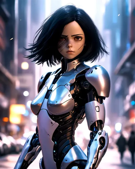 a cyborg, battle angel alita, ,  sci-fi streets, 
coat, 
(realistic, bokeh, depth of field, analog style)
from below  dramatic lighting 
(masterpiece, best quality ),