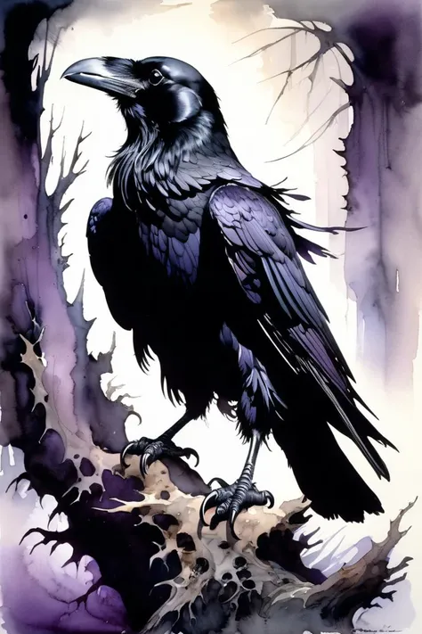 (Watercolor painting) of (art by Jean Ignace Isidore Grandville:1.3) and (art by Jean-Baptiste Monge:1.3) of (The Hades-Resonating Raven, A raven with underworld motifs and shadowy feathers. Underworld blacks, shadowy grays, and ominous purples. Mysterious...