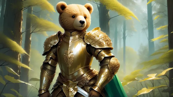 teddy bear in golden armor, green forest in background, (style of Karol Bak), very intricated clothes, very detailed, absuredes, sword in hand