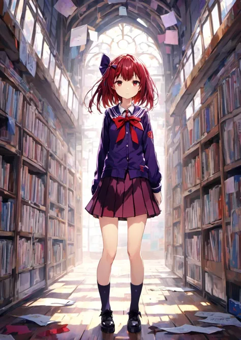 (1girl:0.5)(:3:0.7)(bow:0.9)(purple_hair:0.4)(red_eyes:0.8)(school_uniform:0.2)(serafuku:1.1)(short_hair:1)(skirt:1)(solo:0.8), poetic atmosphere, absurdres, highres, ultra detailed