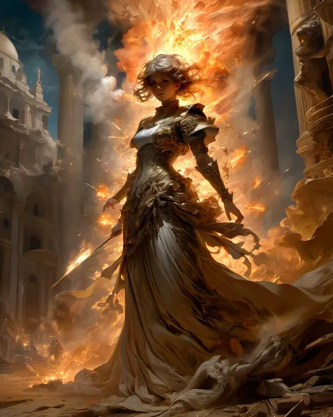 1girl, detailed face,
detailed
battle stance,
shadows
dramatic lighting
ruins,
smokes
explosions
 Agostino Arrivabene absurdres, highres, ultra detailed
(best quality, masterpiece)